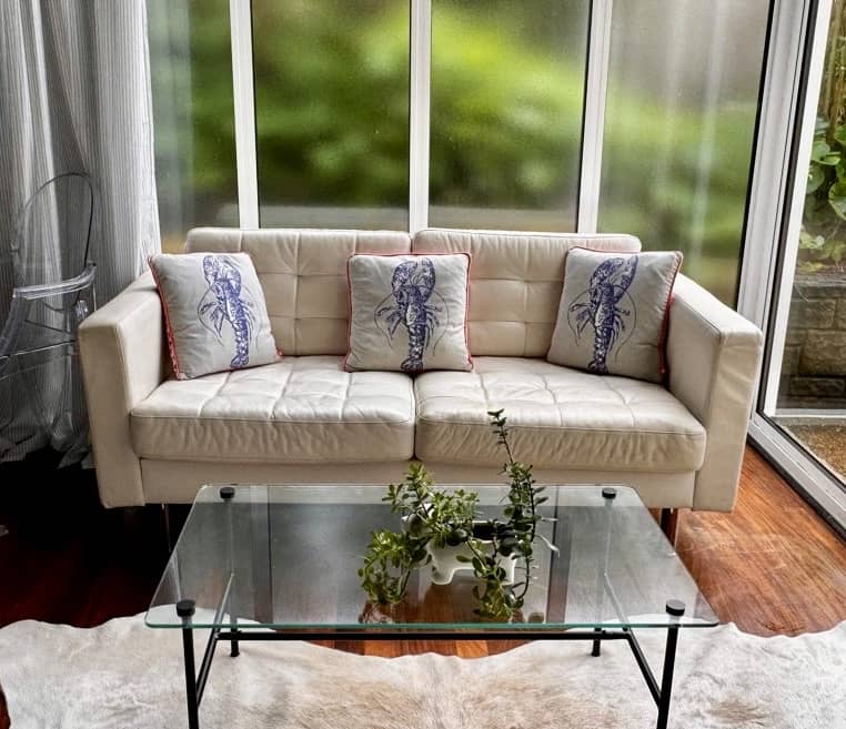 Leather sofa and glass table